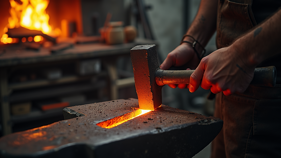 Eye-level view of a blacksmithing forge with an anvil and hammer