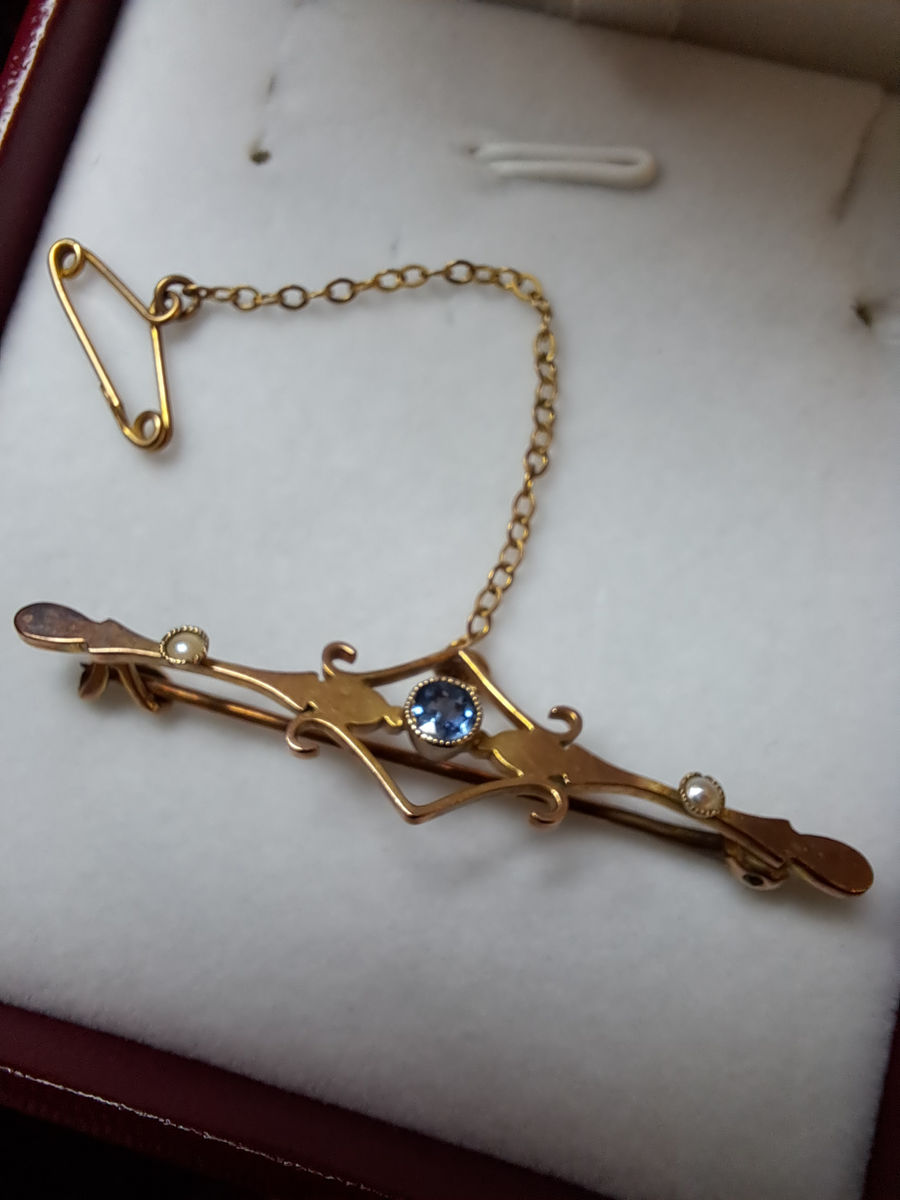9ct Gold Blue Topaz & Seed Pearl Brooch, photo 1 of 6