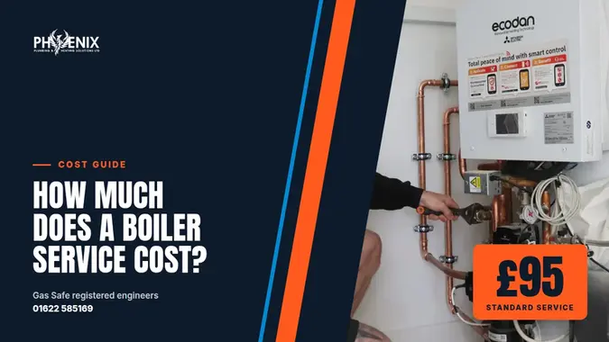 Boiler service cost guide: an engineer working on an Ecodan heating system, with a standard service at £95
