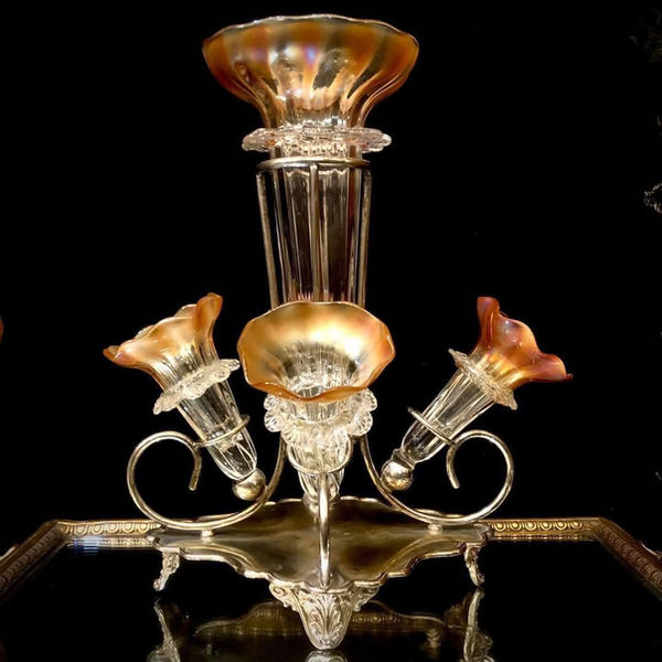 19th century Glass and Silver plated Epergne rare iridescent amber