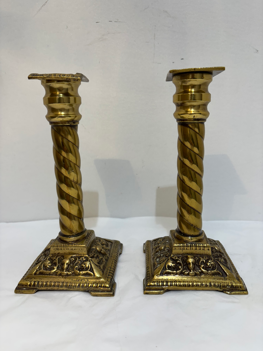 Pair of Antique Victorian Solid Brass Spiral Corinthian Column Candlesticks , photo 1 of 7