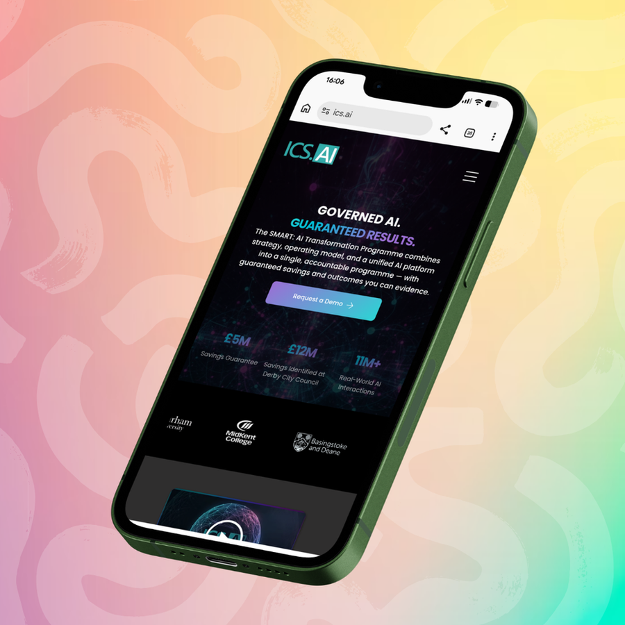 ICS.AI website displayed on a mobile phone, designed by The Wix Guys