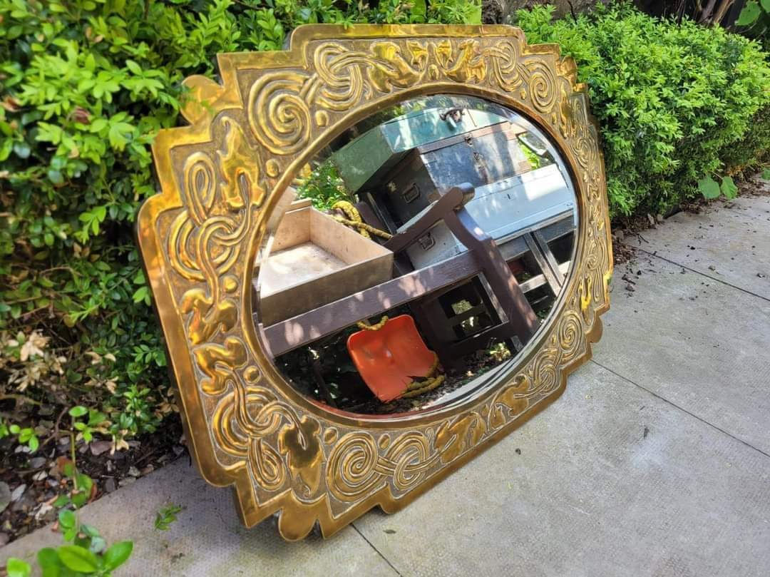 Antique Art Nouveau Brass Framed Oval Mirror, photo 1 of 7