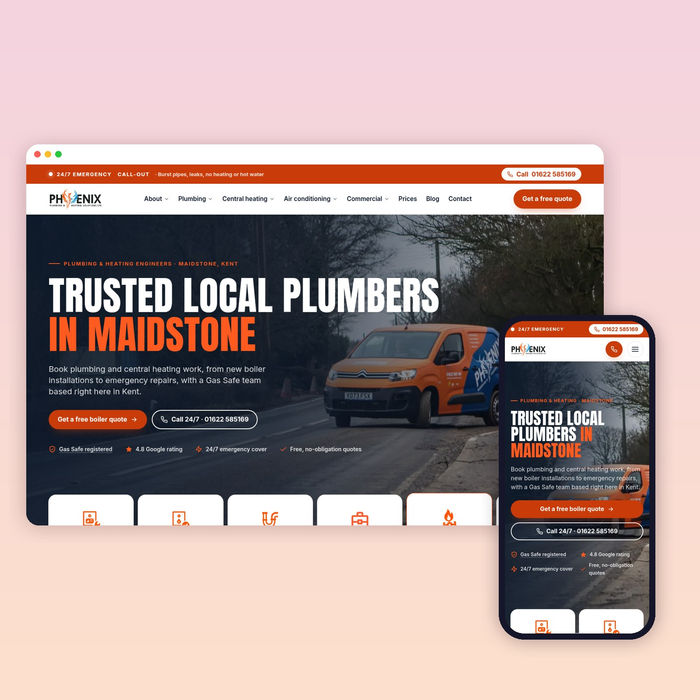 Phoenix Plumbing & Heating website shown on desktop and mobile, built on Wix Headless by The Wix Guys