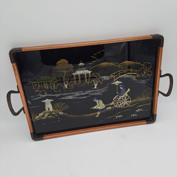Vintage Chinoiserie Serving Tray. Black and Gold Hand Painted Scene