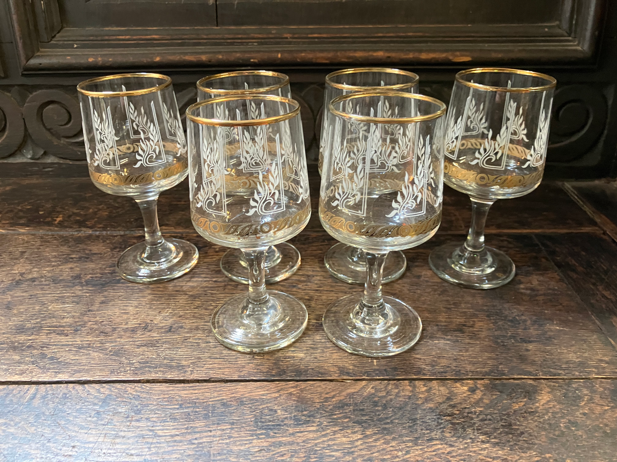 Set of 6 Cut Glass Sherry/Port Glasses with Gold Gilded Rim , photo 1 of 7
