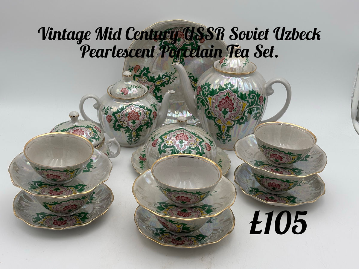 Vintage Mid Century USSR Soviet Uzbeck Pearlescent Porcelain Tea Set., photo 1 of 13