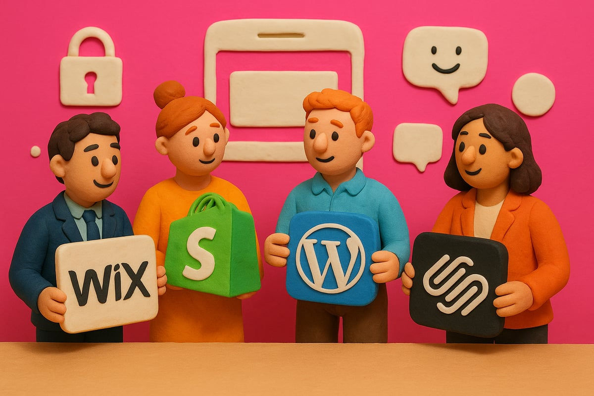 Clay illustration of people holding Wix, Shopify, WordPress and Squarespace logos when choosing a website builder