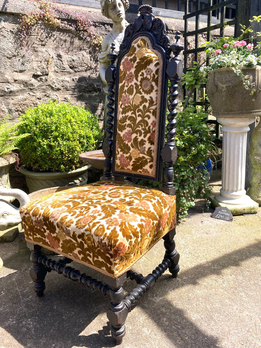 Barley Twist Ebonised Prayer Bedroom  Chair With Floral Upholstery., photo 1 of 10