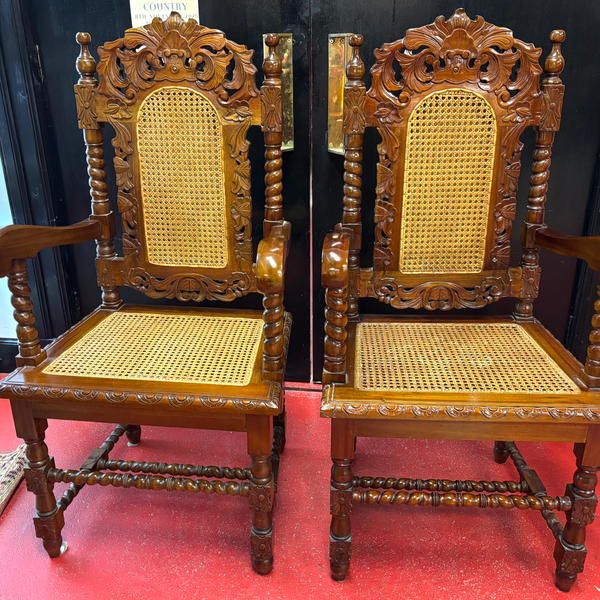 Louis XIII Style Mahogany Carved Barley Twist Bergere Cane Dining Carver Chair