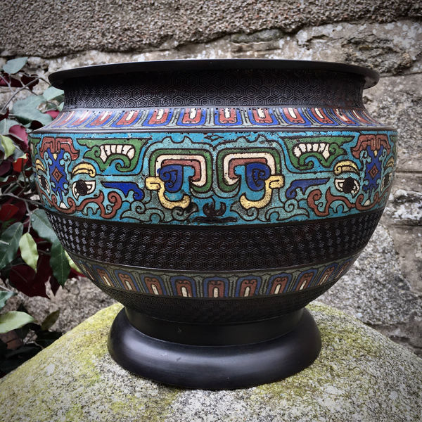 Cloisone Enamel Japanese Brass Champlevé Planter Jardiniere