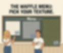 A cartoon infographic titled "The Waffle Menu" displaying three types of thermal fabric swatches. Alex points to a fine-textured "Baby Thermal" swatch, while Ira holds a coffee mug standing next to a "Classic Thermal" swatch. A heavy "Chunky Thermal" swatch hangs on the far right.