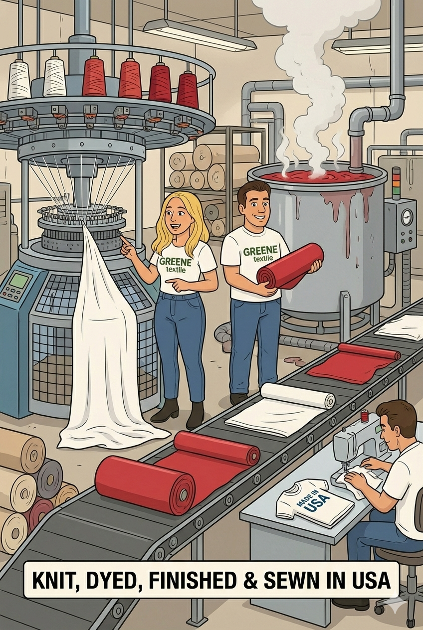 A cartoon illustration of the Greene Textile manufacturing process in Los Angeles. Alex stands by a large circular knitting machine, while Ira holds a roll of red fabric next to a dye vat. A conveyor belt moves the fabric to a sewing station, illustrating that the product is knit, dyed, finished, and sewn in the USA.