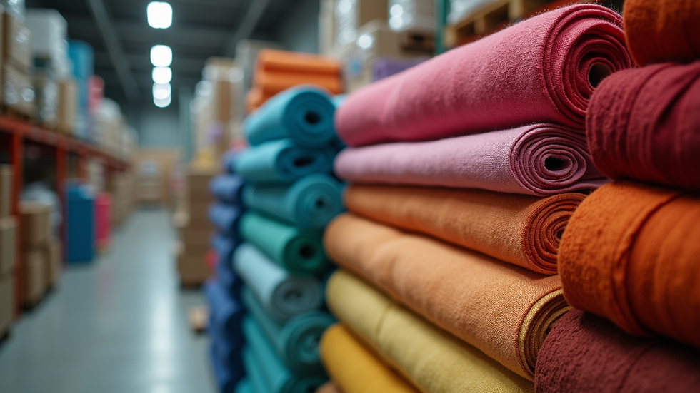 Close-up view of colorful knit fabric rolls stacked in a warehouse