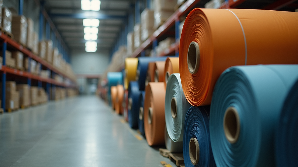 Eye-level view of fabric rolls in various colors and textures stacked in a warehouse