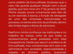 Prefeito de Encruzilhada envia nota a imprensa.