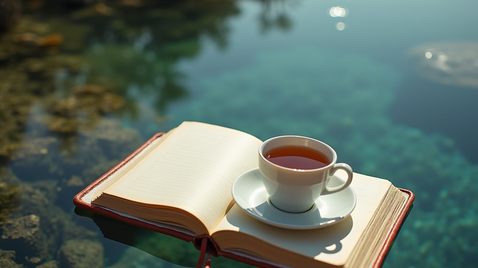 Vue en plongée d’un carnet ouvert avec un stylo et une tasse de thé