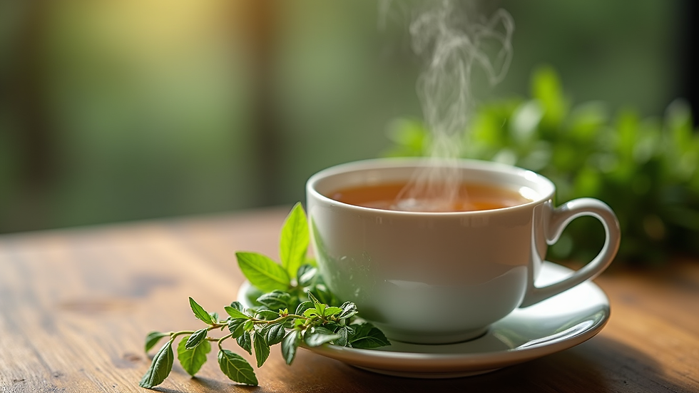 Close-up of a herbal tea cup with fresh herbs on a wooden table