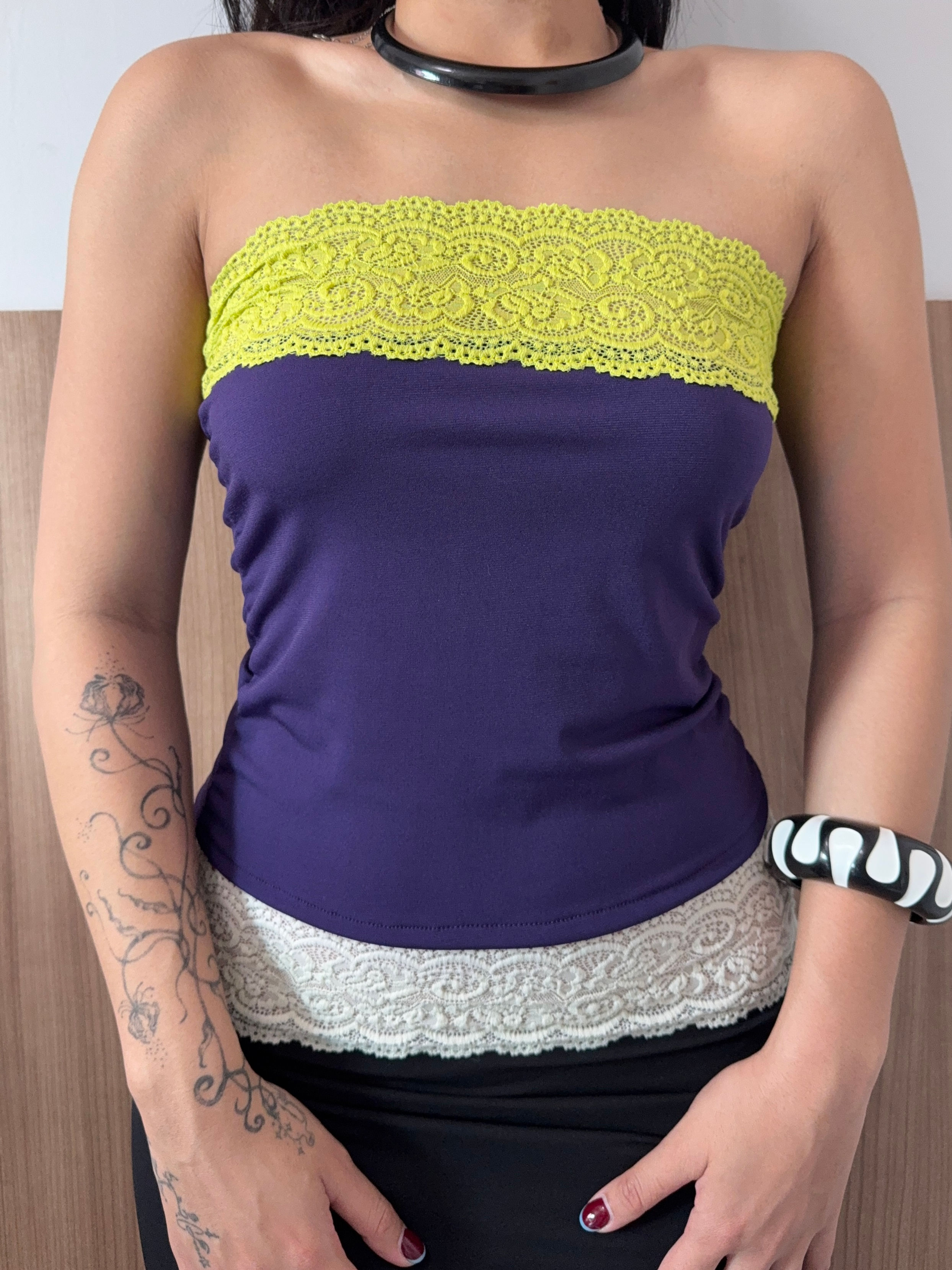 Green lace plum low waist mini skirt/ Tube top