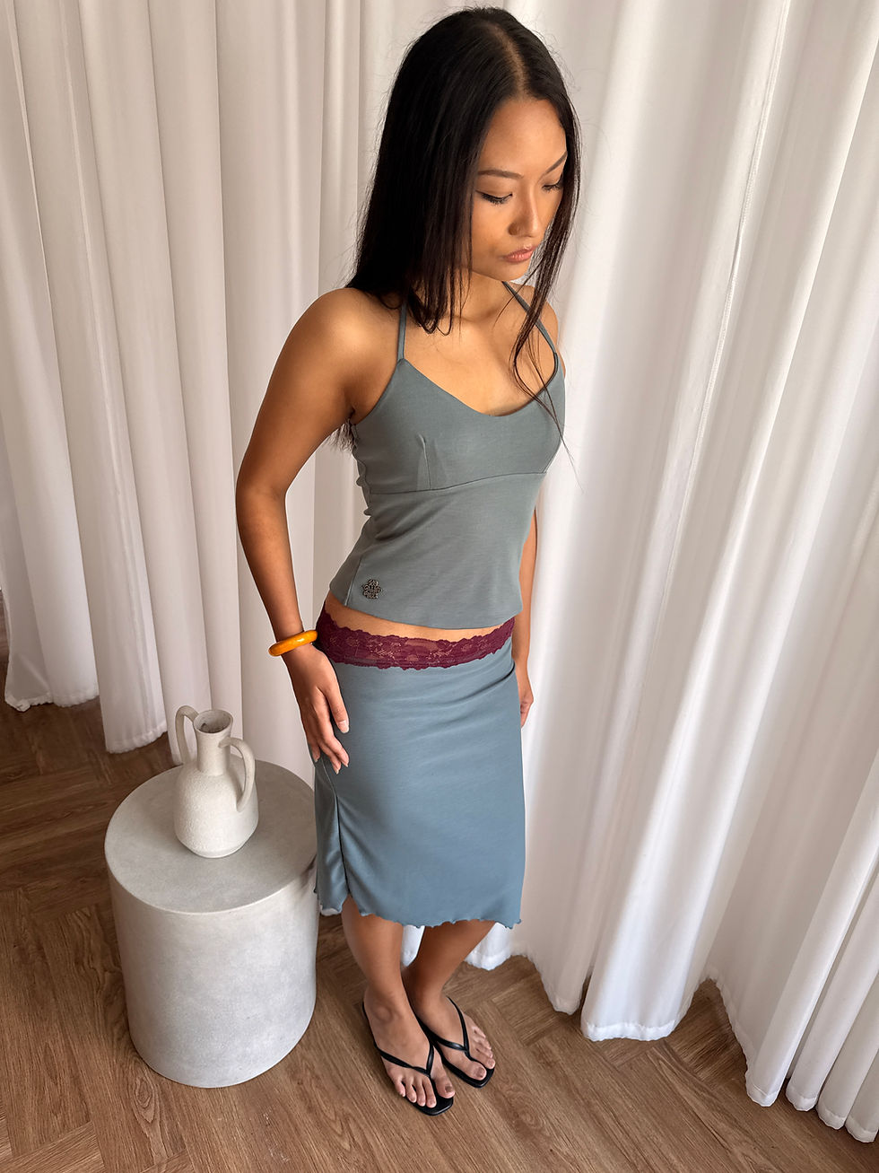 Thumbnail: Luna maroon lace low waist midi skirt