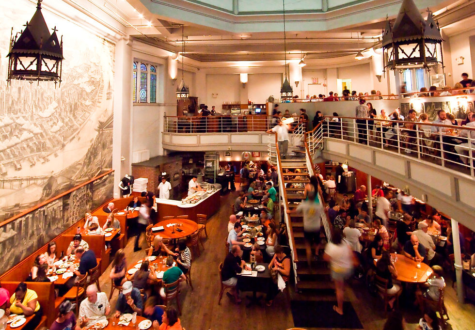 Lively multi-level restaurant interior