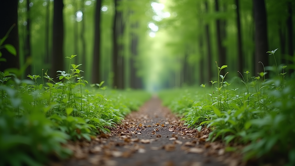 Eye-level view of a serene path through a lush green forest
