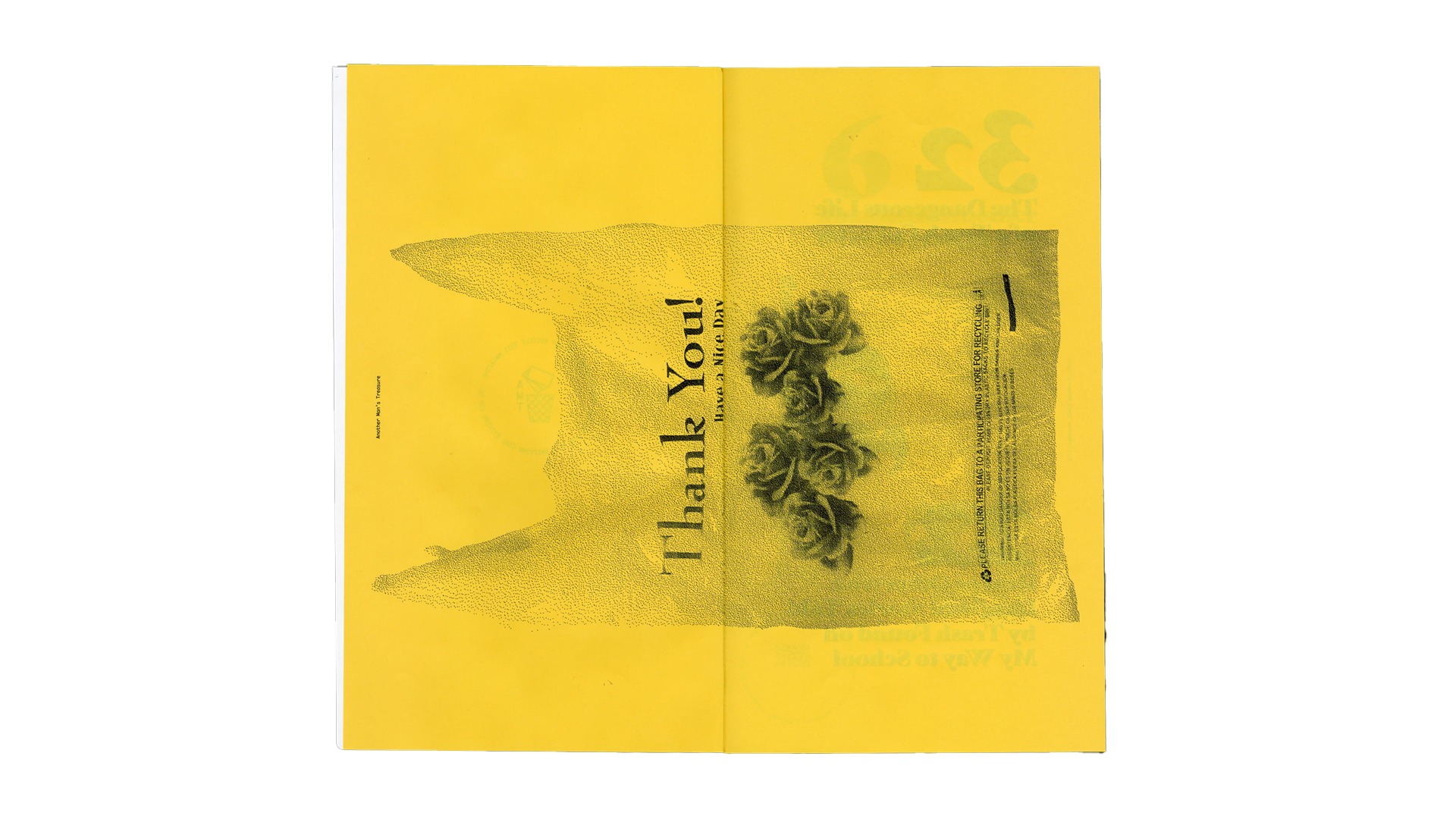 A magazine spread of a bitmapped plastic grocery store bag that says thank you have a nice day