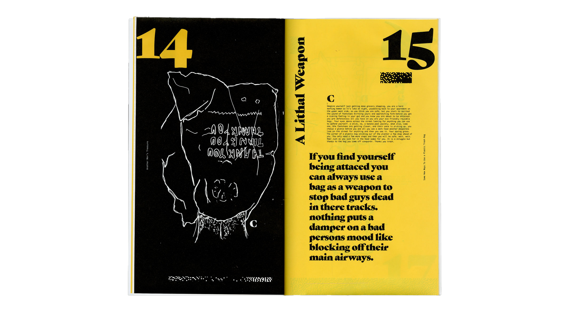 A man choking on with a plastic bag over his head and a text heavy page opposite