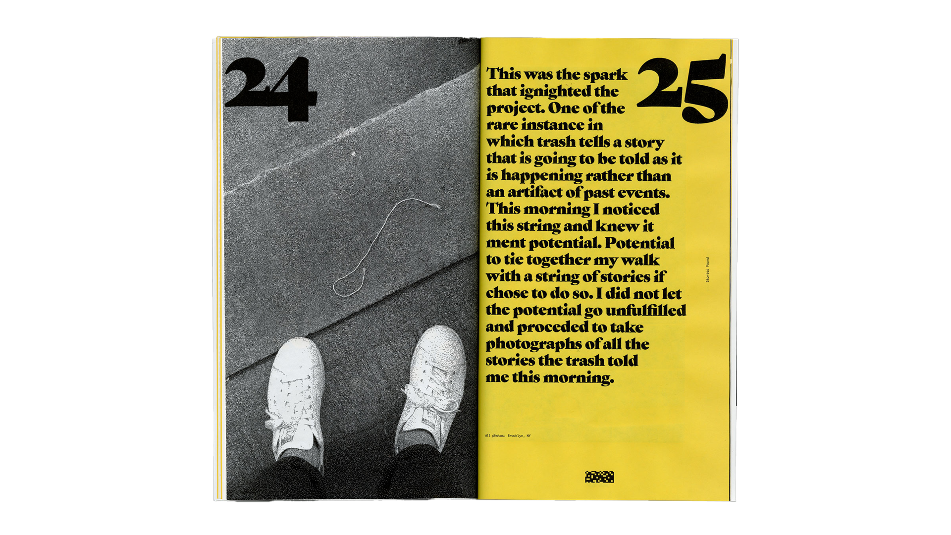 A piece of trash on the ground and a text heavy magazine spread