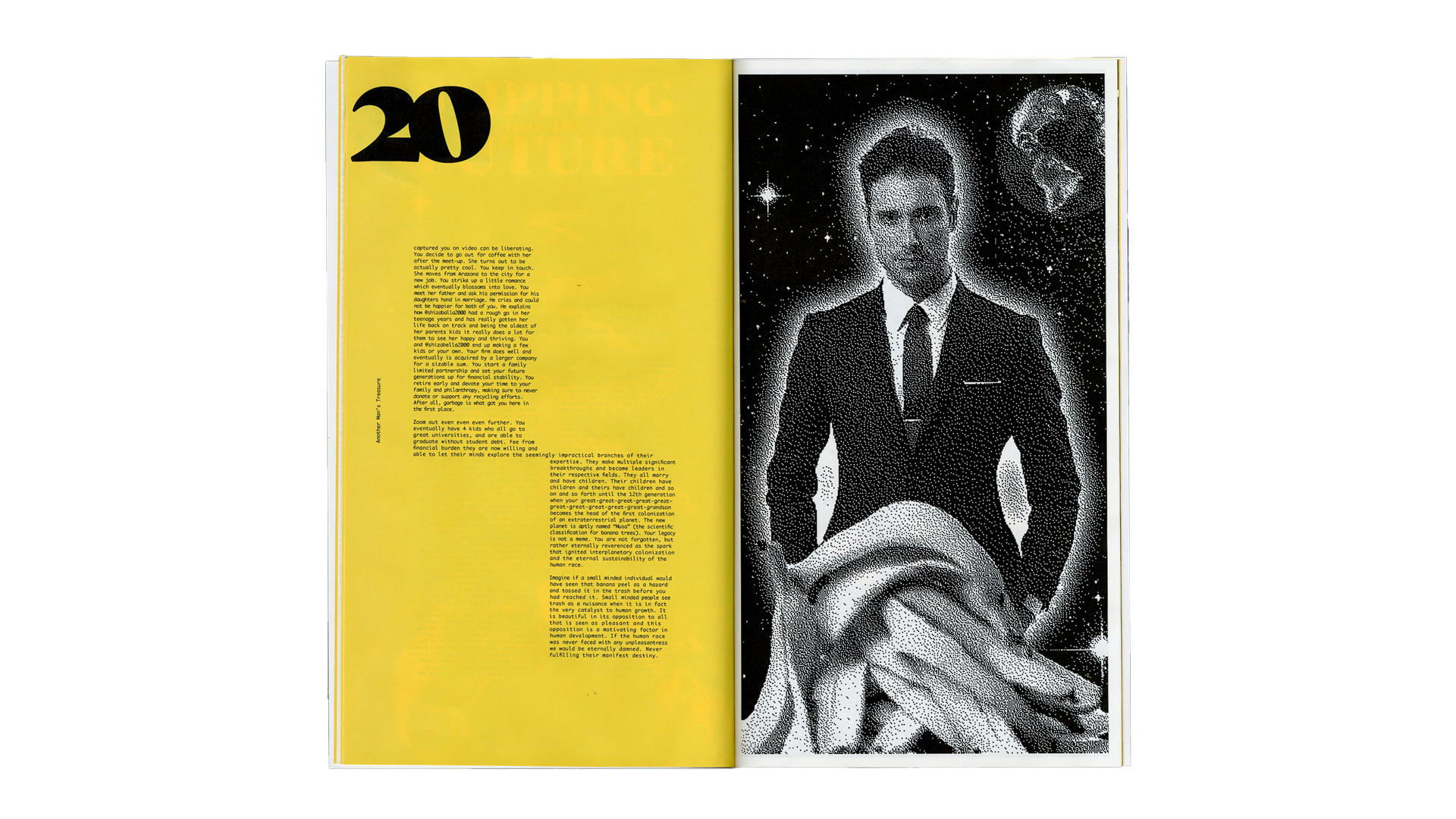 magazine spread of a cool lookin kinda tool looking guy in a business suit hovering over the earth surrounded by banana peels