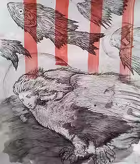 Siren and fish Illustration on paper_30x40.avif