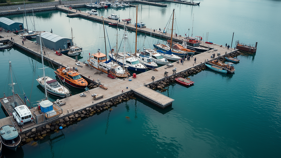 High angle view of a marina with boats docked and maintenance equipment