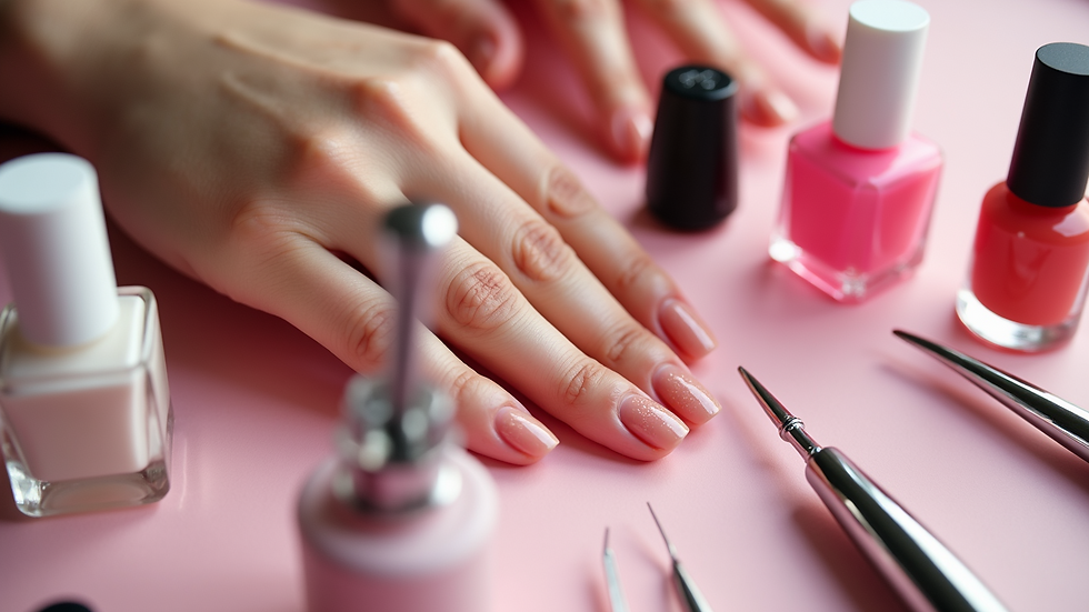 High angle view of a manicure set with nail polish bottles and tools