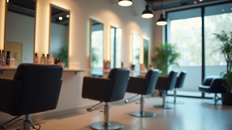 Eye-level view of a modern salon interior with styling chairs and mirrors