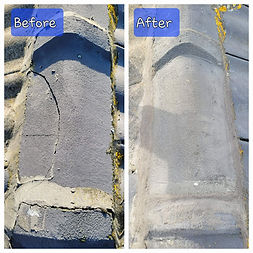 Before and after roof repair showing a broken ridge cap replaced.
