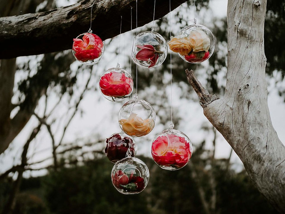 glass balls with flowers inside hand from wedding arch