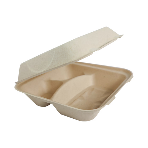 9x9” Compostable Clamshell, 3 Compartment, Natural | The Lovegreen Company