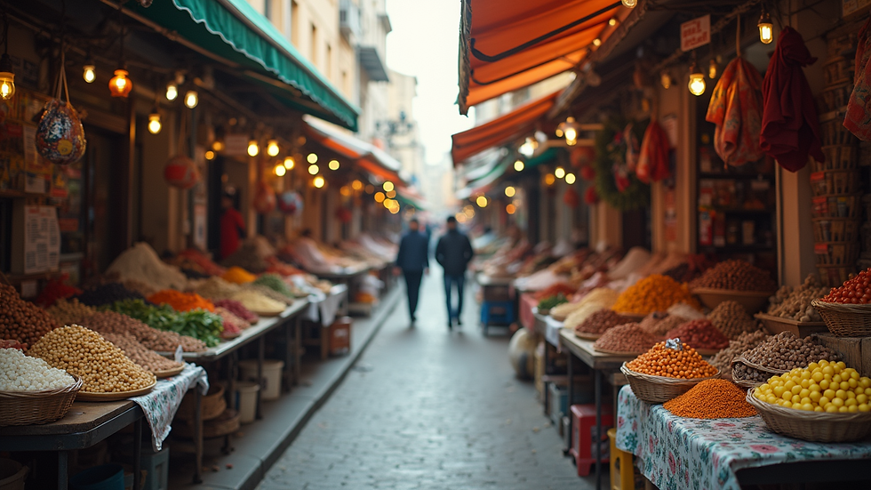 Eye-level view of a vibrant marketplace filled with various stalls