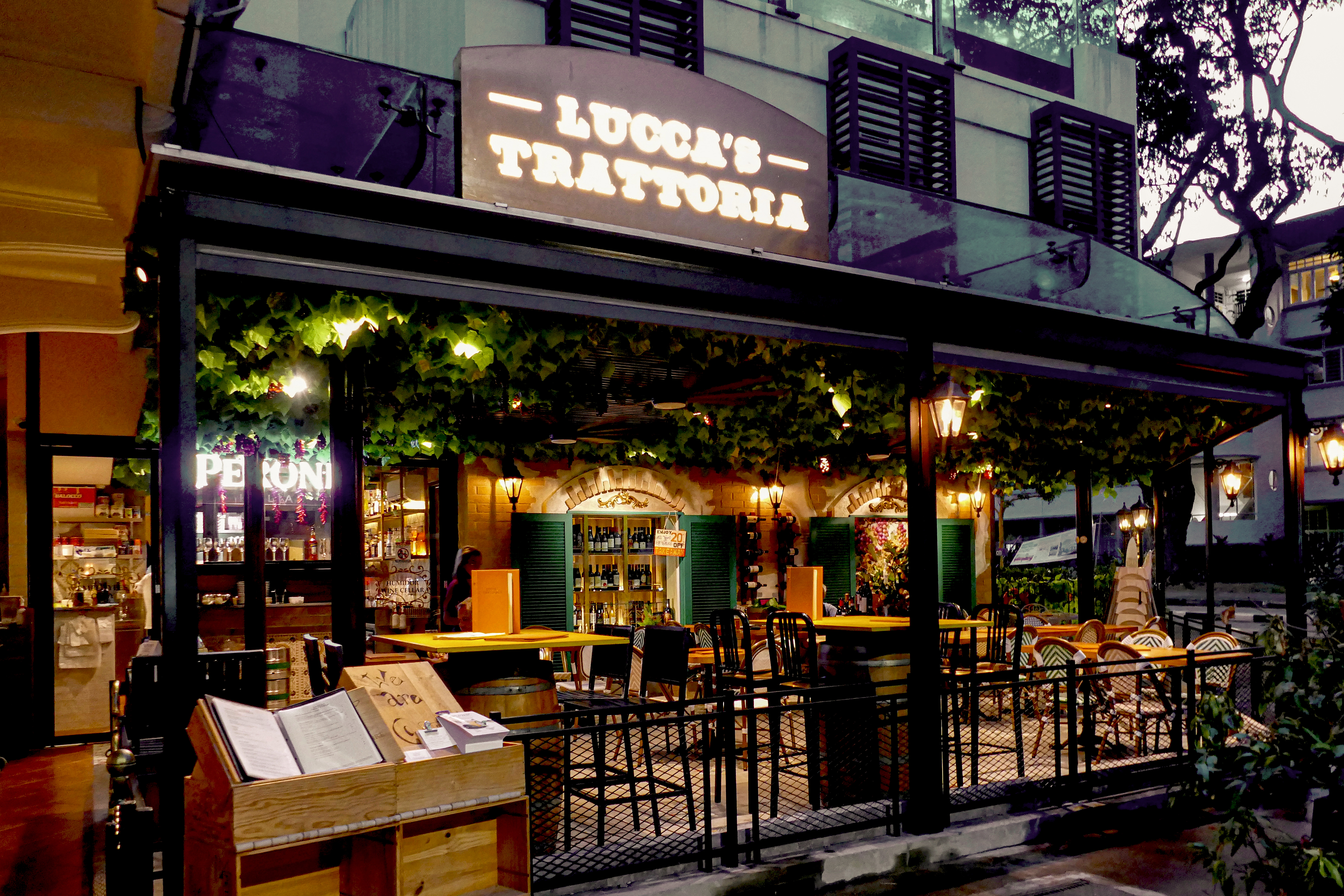 Lucca's Trattoria and its covered outdoor terrace in Tiong Bahru