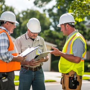 Three inspectors reviewing a roof inspection report
