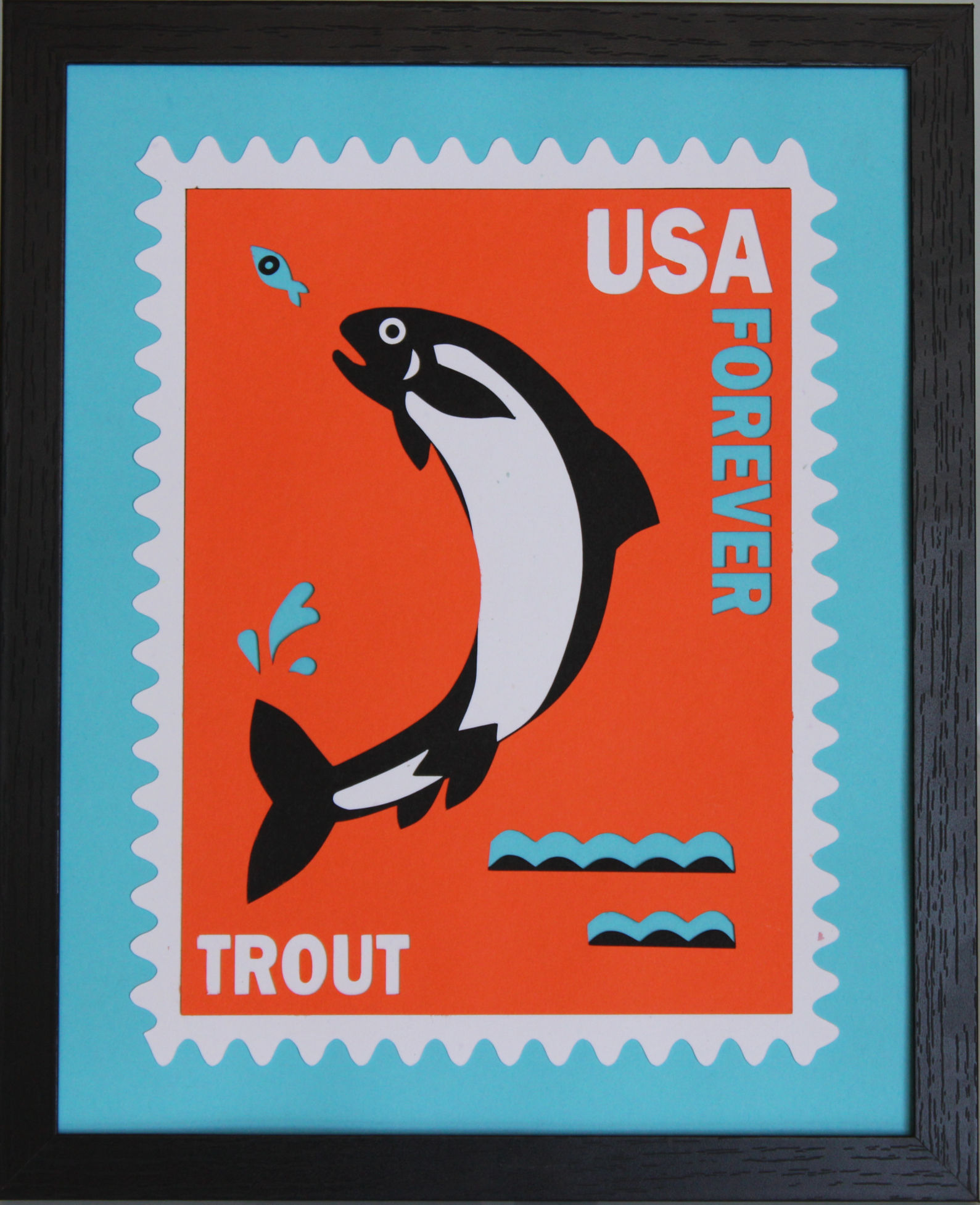 "TROUT" Framed Papercut Stamp Art
