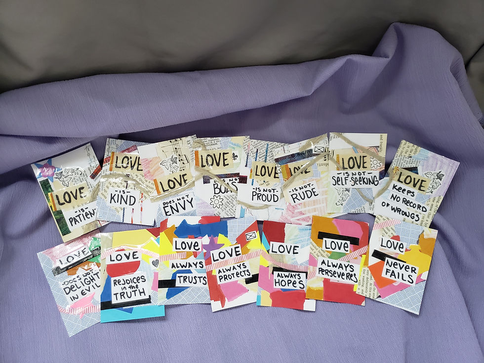 My first sample set where there are 15 parts of Love from 1 Corinthians 13:4-8 (NIV), separated into two artsy strips and cut out into individual cards.