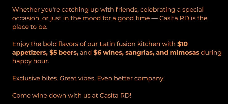 Casita RD Happy Hour Menu