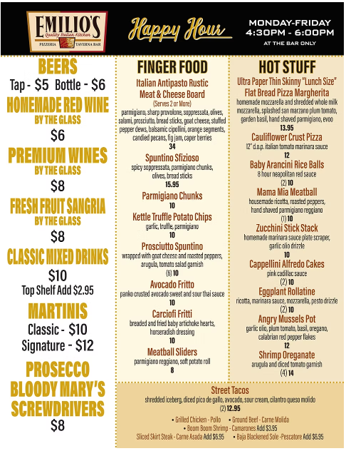 Emilios Commack Happy Hour Menu