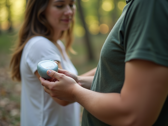 A person with diabetes discreetly using the OmniPod 5 insulin delivery system during daily