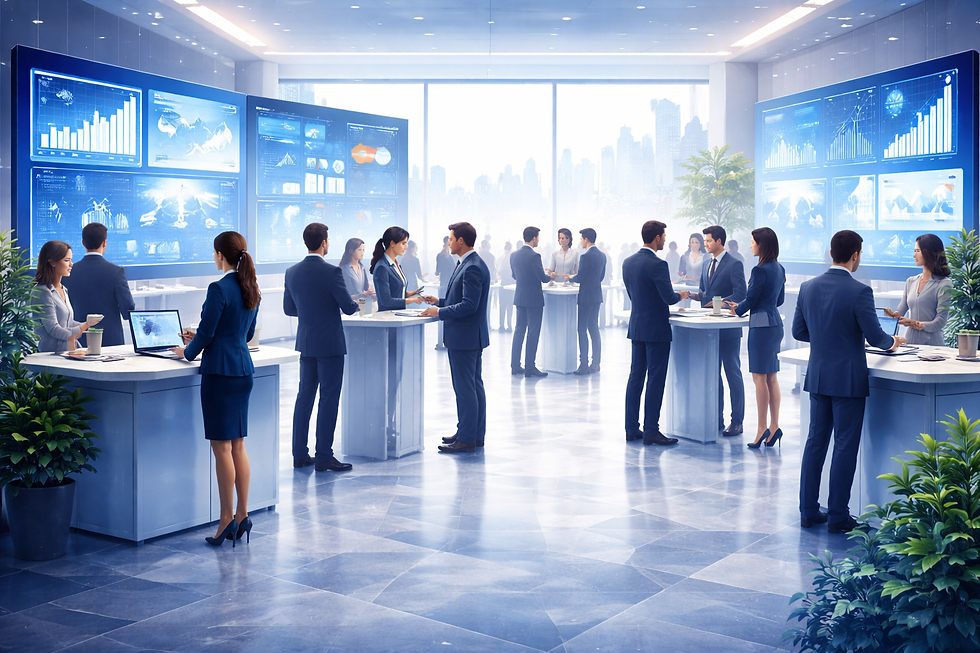 איור של אולם כנס מודרני עם מסכים דיגיטליים גדולים המציגים נתונים וגרפים, ואנשים עומדים סביב שולחנות עבודה ומשוחחים, ללא הצגת תווי פנים, באווירה מקצועית וחדשנית.