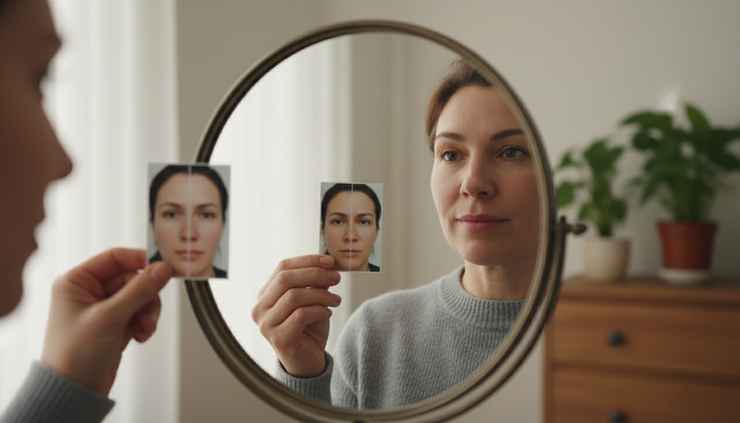 Close-up view of a neutral face reflected beside a printed before-and-after photo