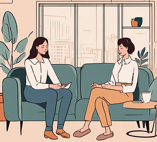 A woman and another person sitting down on a couch speaking in a casual office, image con