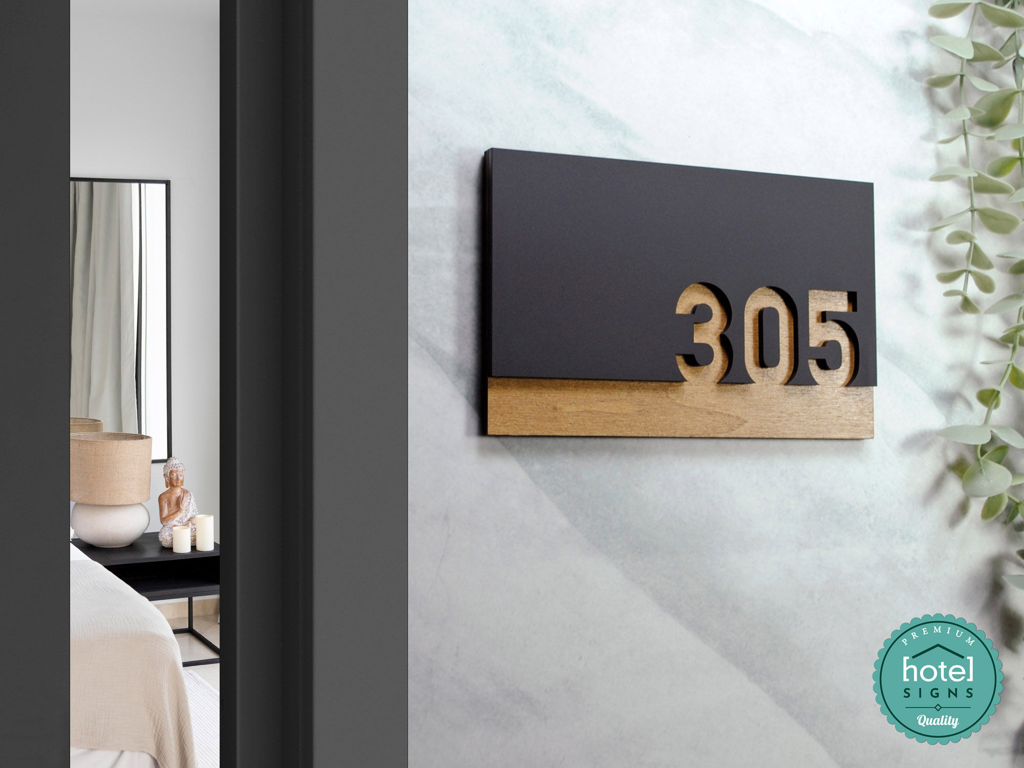 Modern Wood and Black Acrylic Hotel Door Signage