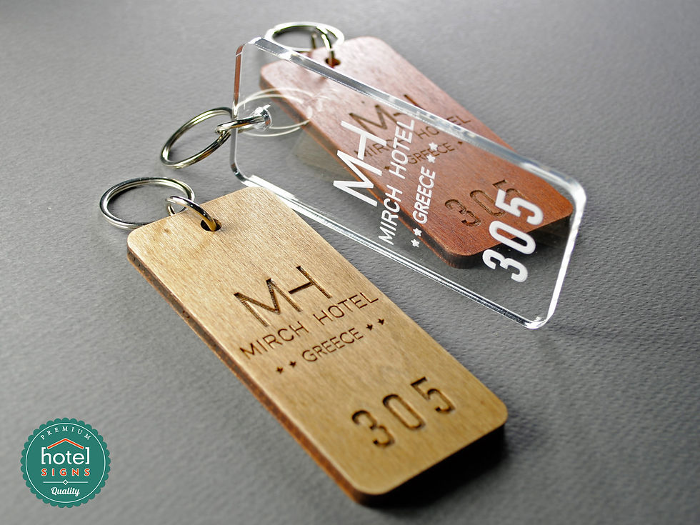 Μικρογραφία: Μπρελόκ από διαφανές ακρυλικό plexiglass ή ξύλο με χάραξη του λογοτύπου σας και του αριθμού δωματίου. Ιδανικό για ξενοδοχεία